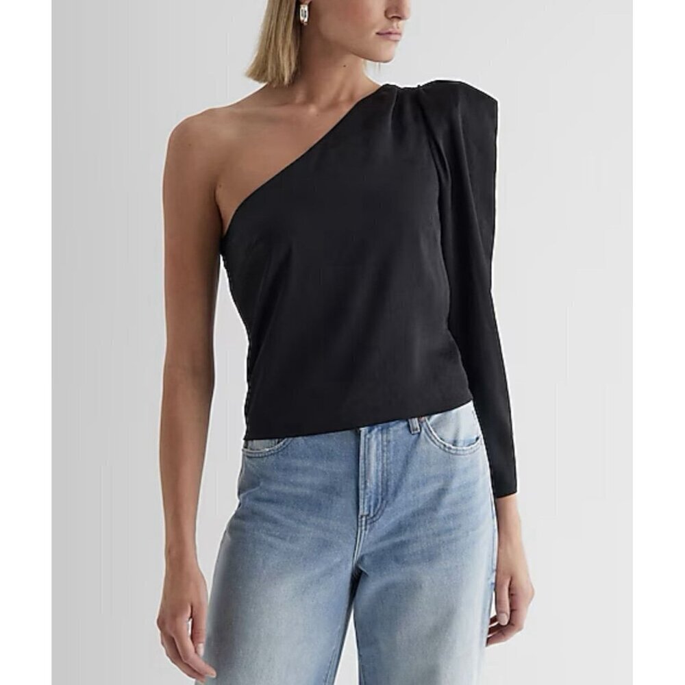Express Women's Satin One Shoulder Puff Sleeve Top Size XS Black Lined NWT $58